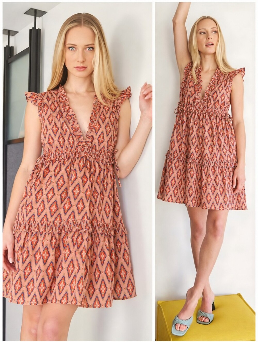 Banjanan Cotton Gauze Red Pattern Ruffle Chandra Dress, L